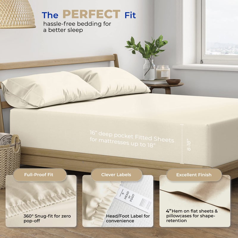 THREAD SPREAD King Size Sheets Set Cotton - 400 Thread Count Cotton King Sheets 4 PC Set (Ivory), Ultra Soft, Cooling, Hotel-Quality 16" Deep Pocket Sateen Weave Bedsheet for Hot Sleepers - Image 4